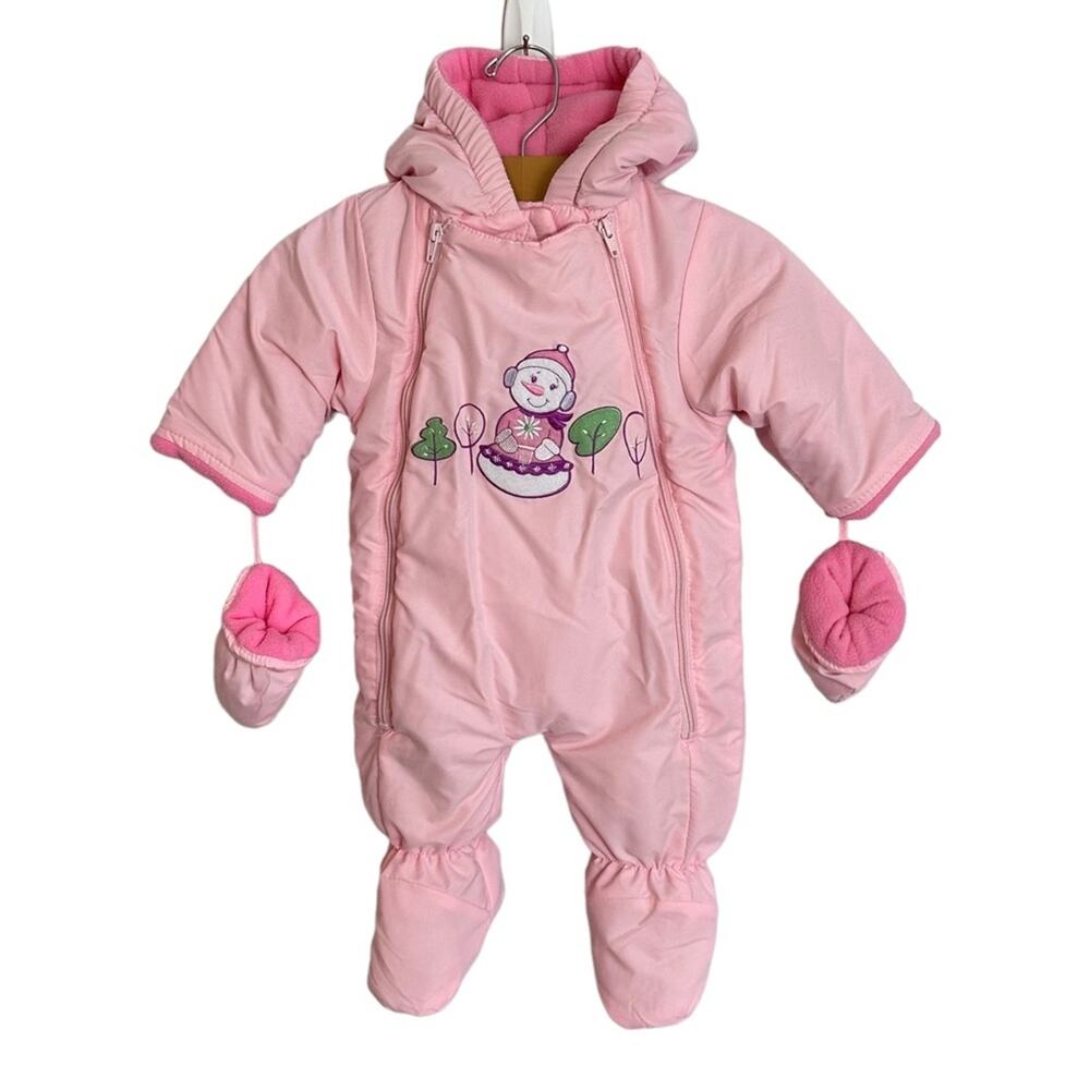 Okie Dokie Snowsuit Pink Fleece Lined Footed With Mittens Size 3-6 Mos. Bunting